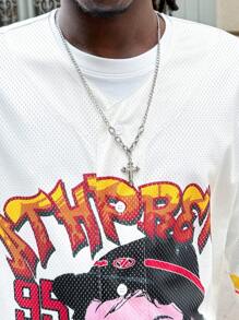 Manfinity VCAY Men's Mesh Cartoon Portrait Printed Loose Drop Shoulder V-Neck Short Sleeve Shirt