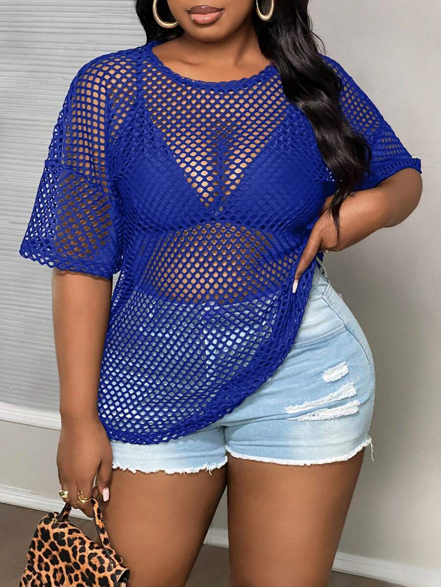 Slaydiva Plus Size Semi-Sheer Loose Fit Crew Neck Regular T-Shirt With 3/4 Sleeves, Casual Street Style, Spring/Autumn - Royal Blue - View 1