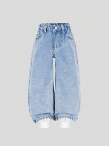 Young Girls' Light Blue Cute Pink Bow Print Elastic Waist Casual Wide Leg Washed Denim Pants Summer Holiday