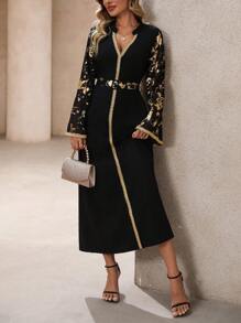 SHEIN Clasi Áo choàng dài bằng vải chiffon rộng rãi có thắt lưng cho tiệc lễ của phụ nữ, phong cách Ramadan - màu đen - Xem 5