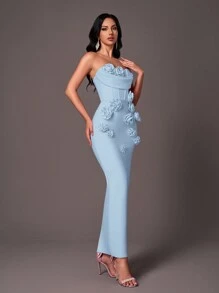 Glamrae Elegant Strapless Ruffle Neck Fishbone & 3D Flower Design Formal Bandage Evening Dress - Light Wash - View 4