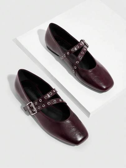 CUCCOO GRLICON Women's Red Oil Wax Leather Mary Jane Flat Shoes, Y2K, Punk, Biker, Cool Girl Style, Suitable For Halloween, Christmas, Party