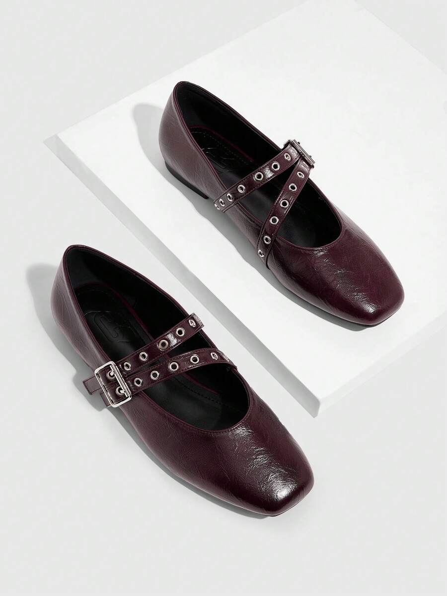 CUCCOO GRLICON Women's Red Oil Wax Leather Mary Jane Flat Shoes, Y2K, Punk, Biker, Cool Girl Style, Suitable For Halloween, Christmas, Party - Burgundy - View 1