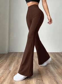 SHEIN EZwear 大码女式吸湿排汗高腰巧克力棕色针织喇叭紧身裤，百搭又显瘦