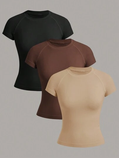 Easithlete Seamless Solid Color Sports T-Shirt, Casual And Fashionable For Daily Wear Fitted Shirt Gym Women Shirts