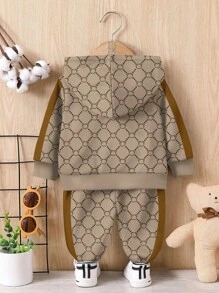 SHEIN Baby Boy Casual Loose Comfortable Knitted Soft Hoodie And Pants Set, Suitable For Autumn/Winter