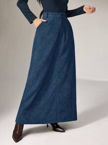 Heiryn Women's Solid Color Pocket Casual Skirt, Everyday Wear - Medium Wash - View 4