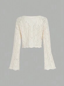 SHEIN MOD Cárdigan de punto con mangas de trompeta huecas y nudo delantero, estilo vacacional color albaricoque, ropa bohemia, cárdigan de primavera, ropa de campo, cárdigan elegante