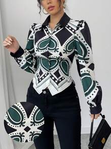 Chiquease 女士不对称下摆通勤收腰印花纽扣衬衫 - 彩色 - 查看 4