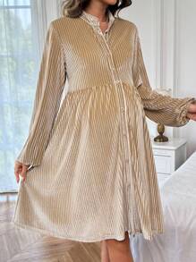 SHEIN Maternity Solid Color Long Sleeve Single-Breasted Casual Loose Dress - Apricot - View 5