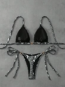 Swim Vcay 2 件套女士印花吊带三角比基尼上衣和系带下装海滩泳装套装，适合夏季 - 黑與白 - 查看 2