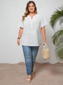 SHEIN CURVE+ 女士大码休闲宽松舒适棉质刺绣 V 领短袖衬衫 - 白色 - 查看 7