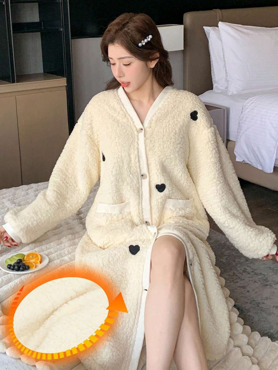 DAZY Minimalist Texture Flannel Heart Embroidered Open Front Robe, Winter Pajama - Beige - View 1