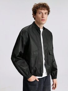 Ontre 秋季男士纯色长袖前拉链休闲棒球夹克 - 黑色 - 查看 5