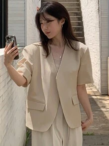 DAZY Women's Plain V-Neck Short Sleeve Casual Blazer Jacket, Spring/Summer Business Attire - Apricot - View 5