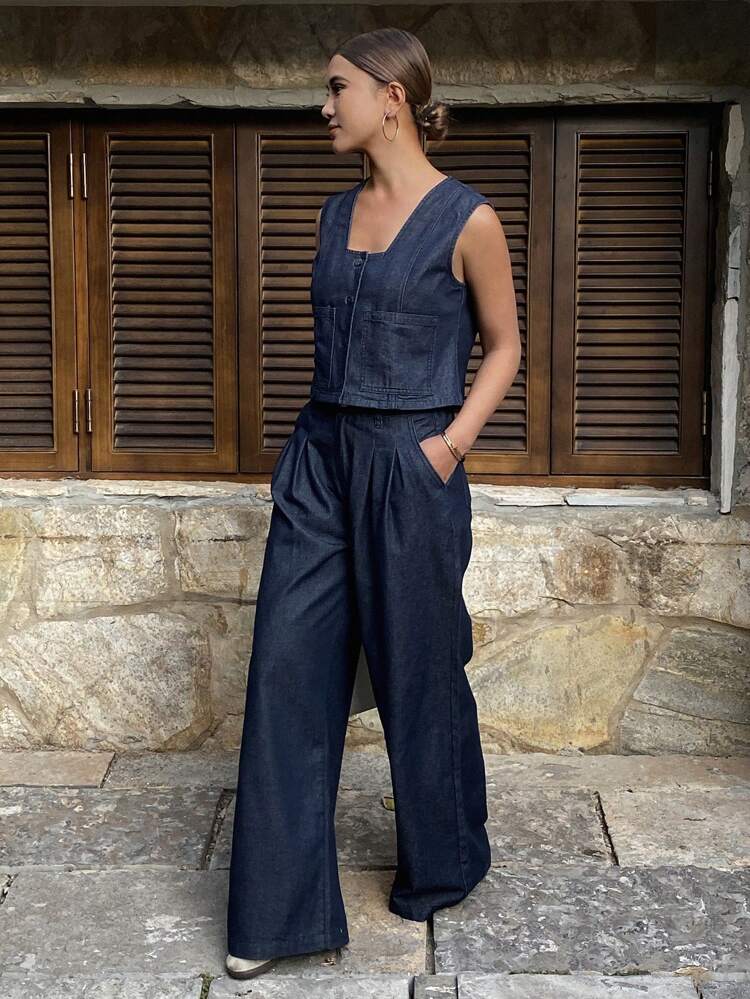 2pcs Women Denim Tank Top & Long Pants Suit Set
