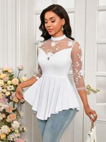 SHEIN Lady 白色提花网眼拼接荷叶边下摆设计修身优雅女式 T 恤 - 白色 - 查看 7
