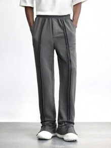 Maija 男士 2025 年春夏灰色撞色拼接宽松直筒裤，带侧袋和下摆开衩，日常休闲穿着，通勤风格，适合节日、新年聚会