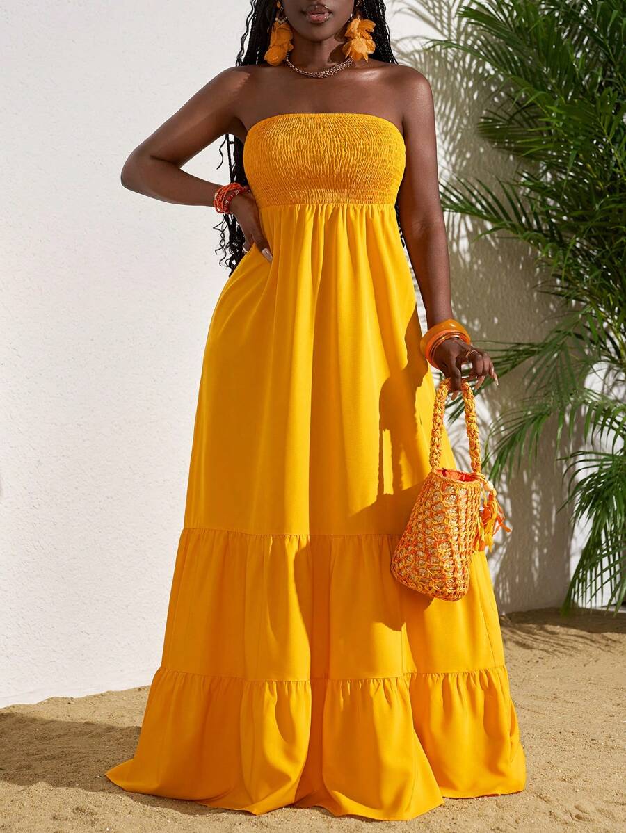 SHEIN Slayr Women's Solid Color Strapless Simple Casual Ruched Decorative Cold Shoulder Resort Long Dress - Ginger - View 1