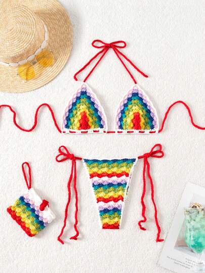 Set de 3 piezas Cubre traje de baño de ganchillo colorido con flores hecho a mano para vacaciones en la playa con bolso a juego para mujer