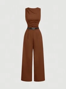 SHEIN MOD 1pc Women's Brown Pleated Wide Leg Loose Jumpsuit With Belt, Casual Style - Brown - View 1