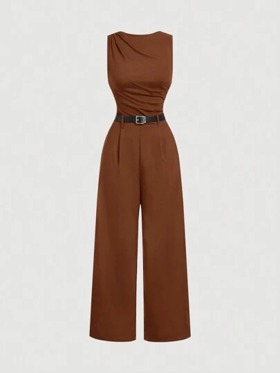 SHEIN MOD 1 pieza Mono holgado de pierna ancha con pinzas y cinturón, de estilo casual para mujer en color marrón