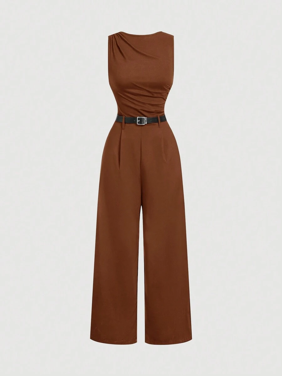 SHEIN MOD 1pc Women's Brown Pleated Wide Leg Loose Jumpsuit With Belt, Casual Style - Brown - View 1