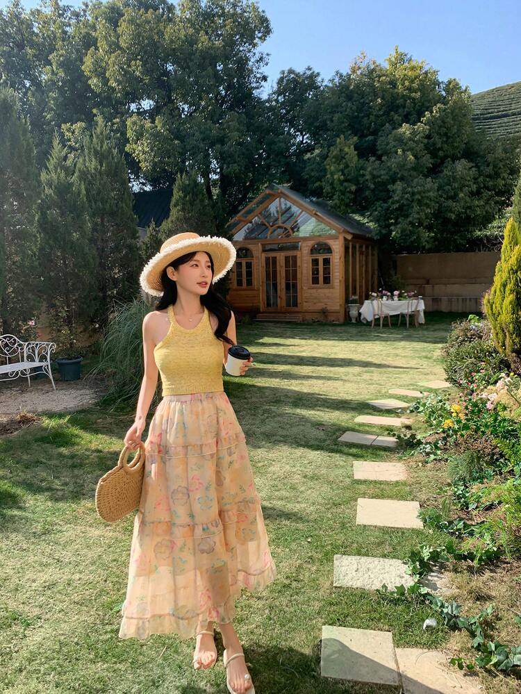 Women's Round Neck Pleated Ruffle Hem Floral Print Skirt Fall Skirts Vacation Outfits Women Easter Boho