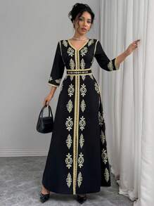 Chiquease Vestido de mujer de manga larga con escote en V, ajuste de cintura y vuelo, con estampado retro elegante