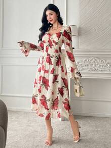 DAZY 女士花卉印花方领泡泡袖中长连衣裙，荷叶边，秋季连衣裙长袖连衣裙