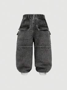 SHEIN 男婴时尚石洗复古工装口袋开叉设计宽松黑色牛仔裤，休闲百搭，适合男婴室内/户外秋冬服装