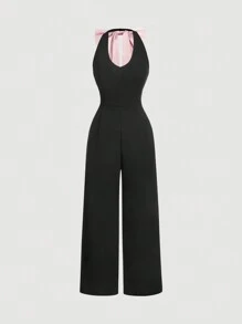 SHEIN MOD بدلة نسائية بدون أكمام وياقة مزخرفة وقماش ملون مع فيونكة وردية كبيرة، بدلة، رأس السنة، عيد الحب