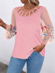 Plus Size Women Solid Color Patchwork Round Neck Long Sleeve Hollow Out Casual Blouse