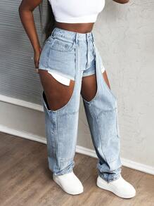 SHEIN Slayr Jeans droits sexy amples à poches et découpes pour femmes