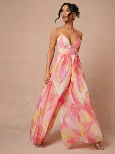 L'Amorae Spring Abstrakt Print Plunge Neck Jumpsuit