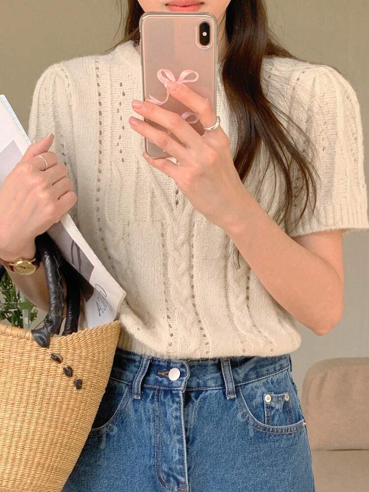 Women's Solid Color Crew Neck Short Sleeve Cable Knit Sweater