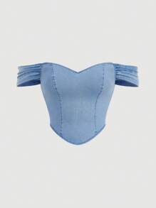 SHEIN MOD Plus Size Blue Denim Top Tight Elastic Off The Shoulder Spring And Summer Denim Tops Sweet