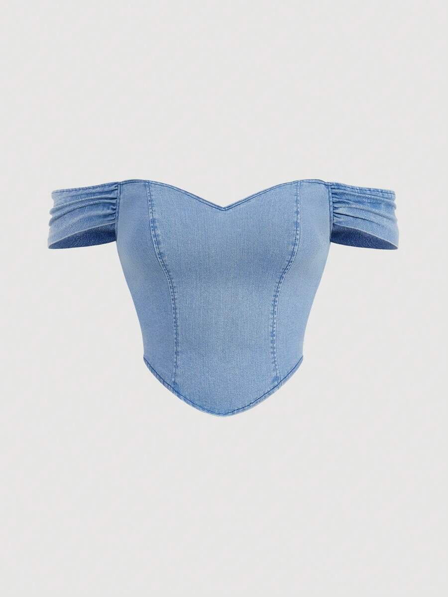 SHEIN MOD Plus Size Blue Denim Top Tight Elastic Off The Shoulder Spring And Summer Denim Tops Sweet