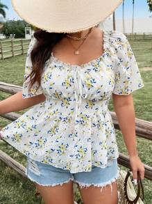Flirla Plus Size Women's Boho Eyelet Embroidery Floral Print Blouse, For Summer - Multicolor - View 4