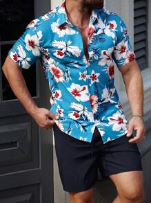 Manfinity RSRT Manfinity RSRT Men's Floral Print Short Sleeve Single-Breasted Shirt And Shorts 2 Pieces Set, Men Two Pieces Outfits, Summer Shirts For Men, Men Shirts Tropical, Men Summer Shirts