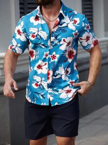 Manfinity RSRT Manfinity RSRT Men's Floral Print Short Sleeve Single-Breasted Shirt And Shorts 2 Pieces Set, Men Two Pieces Outfits, Summer Shirts For Men, Men Shirts Tropical, Men Summer Shirts