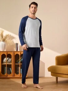 SHEIN Bộ đồ ngủ 2 món gồm áo dài tay phối màu và quần dài cho nam, đồ ngủ, quần áo thu đông - Xanh đậm - Xem 3