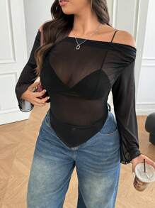 SHEIN EZwear Plus Size Off Shoulder Long Sleeve Slim Fit T-Shirt, Casual Everyday Wear - Black - View 3