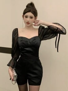 DAZY 两件套女士蕾丝网纱撞色钢圈上衣和短裤内衣套装，修身性感夏季短款女士套装，家居服套装，女士短款套装 - 黑色 - 查看 6