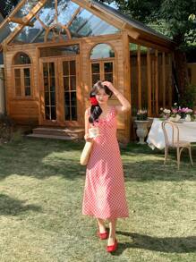 DAZY 女士 V 领荷叶边格子中长休闲连衣裙、挤奶女工连衣裙 - 紅色 - 查看 7