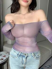 DAZY Dames Zomer Nieuwe Off Shoulder Sheer Mesh Tie Dye Blouse, Vakantiekleding
