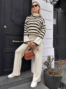 SHEIN Cottnline 2pcs/Set Women High Neck Long Sleeve Striped Simple Top And Pants - Multicolor - View 6