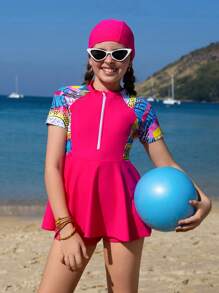 SHEIN 3pcs Tween Girls' Fashion Graffiti Print Ruffle Tankini And Shorts Swimwear Set With Hat, Girls' Beach Outfit With Front Zip, Swimdress And Shorts,Girls Surf Suit - Hot Pink - View 5