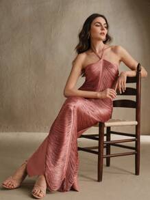 SHEIN X Scheana Anewsta Vestido de cinabrio elegante con flecos colgantes, vestido formal largo de ajuste ceñido para fiestas de lujo por la noche, moda y gracia - Café integral - Ver 4