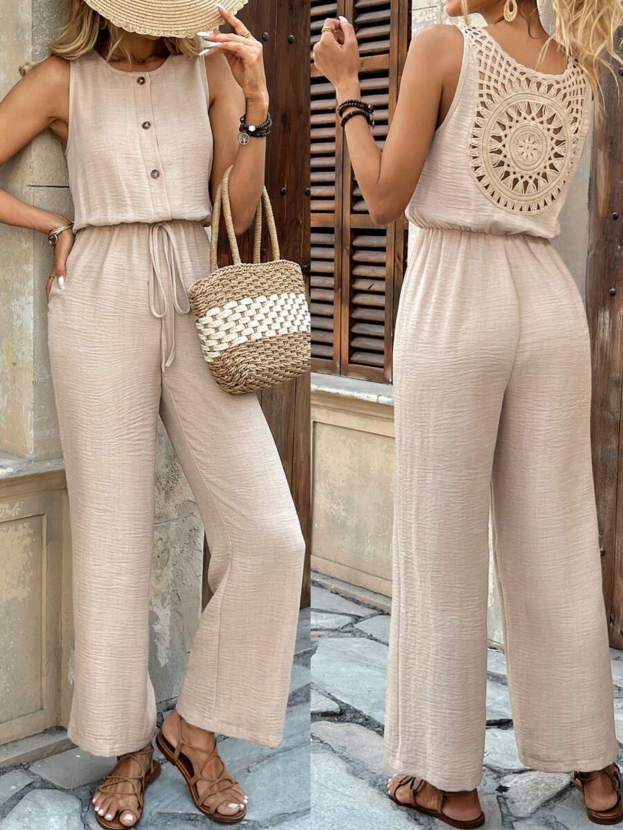 Breezaya Casual Vacation Khaki Sleeveless Romper With Back Ruffles